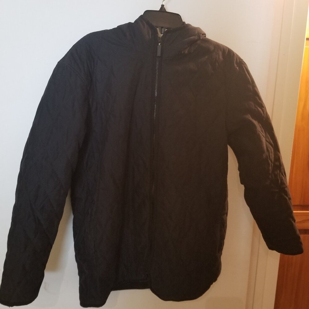 Liz Claiborne - Quilted Velvet Black Hooded Coat - Heavy Fleece Interior